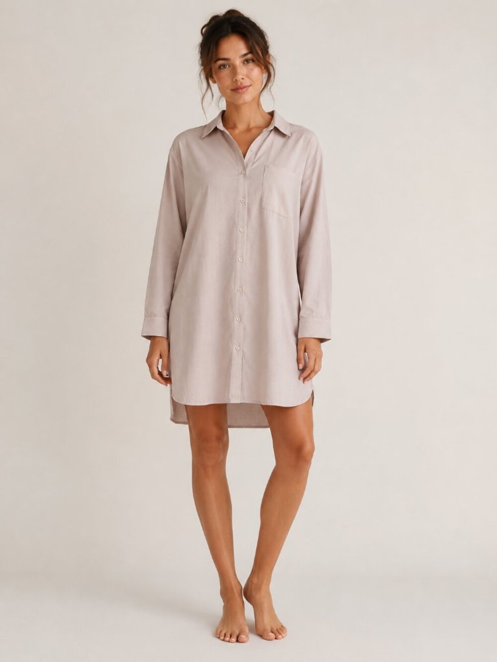 Button-Down Collared Midi Sleep Shirt Dress in Blush Tan